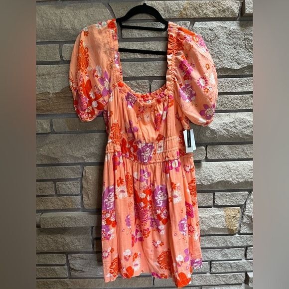 BP SHIRRED PUFF SLEEVE COTTON PRAIRIE DRESS CORAL ALYSSA GROOVE FLORAL Large - Picture 2 of 9